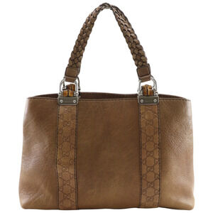 GUCCI Brown Leather Bamboo Tote Bag